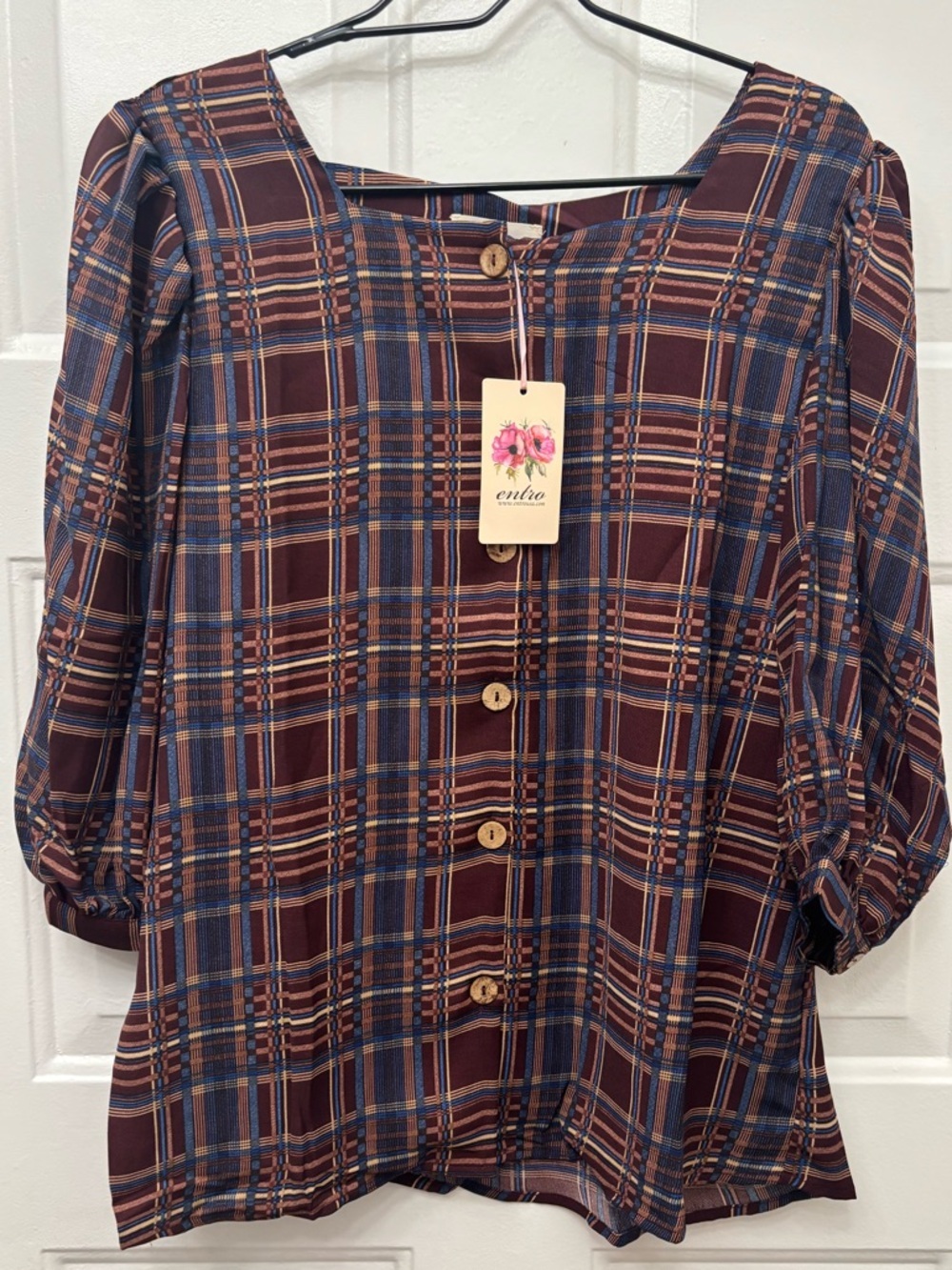 entro Burgundy, Navy & Tan Plaid Button-Front Top